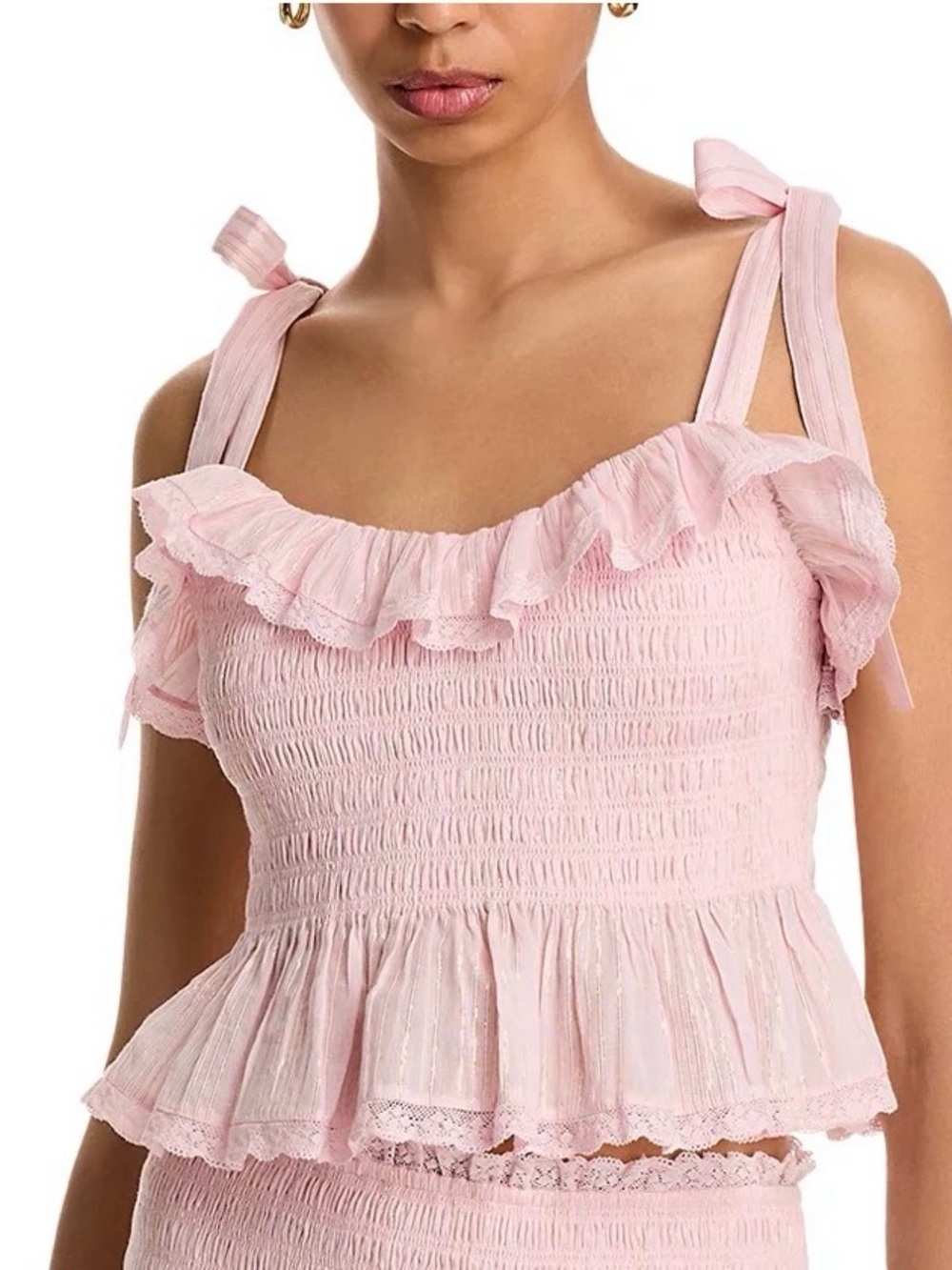 LoveShackFancy Sm Romantic Luxe Bohemian Feminine Smocking Tank Top PINK SHIMMER